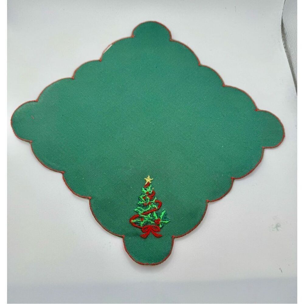 Linen Christmas Napkins Set of 12 Green Embroidered Christmas Tree 7 X 7”